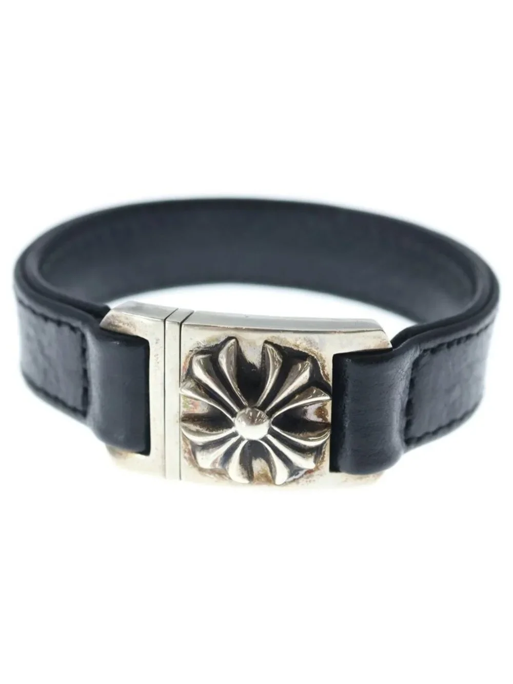 Chrome Hearts Harness Cross Box Leather Bracelet Silver Black